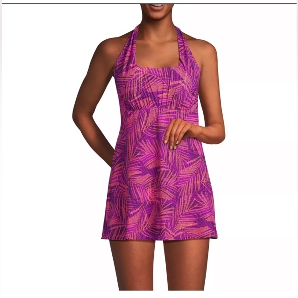 LAND'S END New Swim Dress M Chlorine Resistant Square Neck Halter Swimsuit